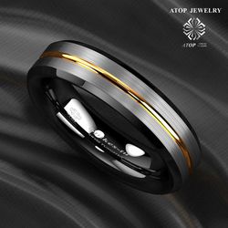 6 mm Silver Brushed Black edge Tungsten Ring Gold Stripe ATOP Mens Wedding Band Customized Jewelry