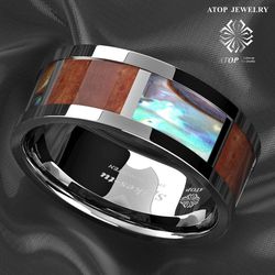 8 mm Silver Tungsten Ring Koa Wood Abalone Inlay ATOP Wedding Band Men's Jewelry