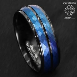 8 mm Black Blue Brushed Crystal Skin Tungsten Ring Men Bridal Band ATOP Jewelry