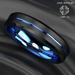6 mm Tungsten Men's Ring Thin Blue Line-Inside Black Brushed Band ATOP Jewelry Customized Jewelry