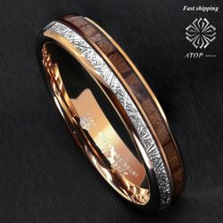 6 mm Rose Gold Dome Tungsten Ring Silver Koa Wood Inlay ATOP Men Jewelry