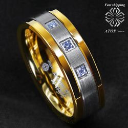 8 mm Silver Tungsten Ring Brushed 18K Gold Diamonds ATOP-LUXURY Men Wedding Band