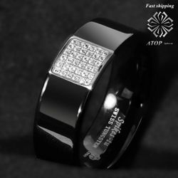 8 mm Black Tungsten Ring 925 Silver Inlay 36 Diamonds ATOP Men Wedding Band Ring