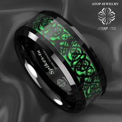 8 mm Tungsten Ring Black Dragon Green Carbon Fiber ATOP Mens Wedding Band