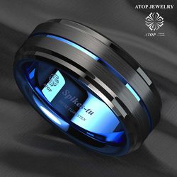 8 mm Black Brushed Ladder Edge Tungsten Ring BLue Stripe ATOP Mens Wedding Band Customized Jewelry