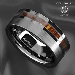 8 mm Silver Brushed Tungsten Carbide Ring Off Center Koa Wood Wedding Band Ring