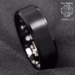 8mm Classic Black Tungsten Carbide Ring Brushed Center Bridal Band ATOP Men's Jewelry