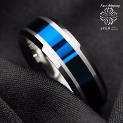 8 mm Men's Jewelry Tungsten Carbide Rings Blue Center silver Brushed Edge Rings Free Shipping