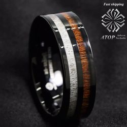 8 mm Black Tungsten Carbide Ring Deer Antler and Koa Wood Inlay Wedding Band ring Free Shipping