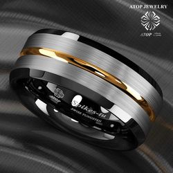 ATOP 8mm Men's wedding band Silver brushed Black edge Tungsten ring Gold inlay Customized Jewelry Free Shipping