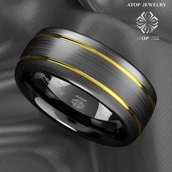 8 mm Brushed Dome Black Tungsten Ring Gold inlay men's wedding band jewelry Free Shipping