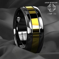 Luxury 8 mm Black Men's Tungsten carbide Ring Gold center Wedding Band ring Free Shipping