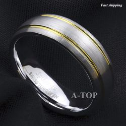 8 mm Dome Silver brushed Tungsten ring Gold inlay men's jewelry wedding ring Free Shipping