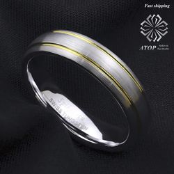 6 mm Dome Silver brushed Tungsten ring Gold Stripes wedding band mens jewelry Free Shipping