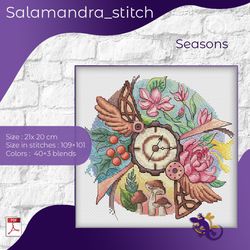 Seasons, relax, cross stitch, embroidery pattern, flowers, mushrooms, time, clock