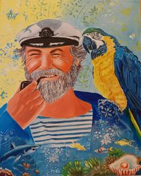 Ship captain sailor with parrot on his shoulder. Acrylic Painting on cardboard/ canvas panel