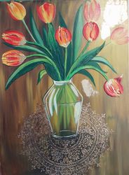 Golden Tulips Acrylic painting with structural paste and gilding.g