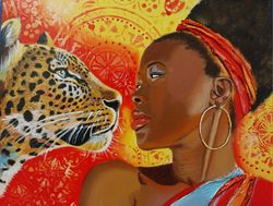 African woman with a leopard, acrylic painting with a structural paste.