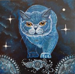 Mystic cat 2 acrylic painting with structural paste on stretched canvas