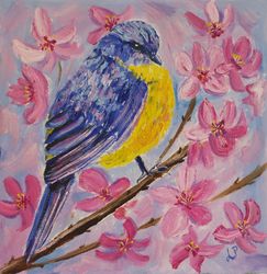 Blue Bird in flowers. Oil painting miniature 8x8