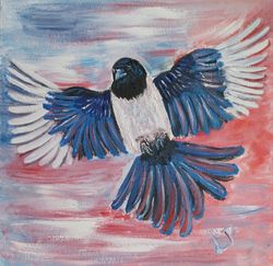 Magpie in flight- bird oil painting miniature 8x8 inch