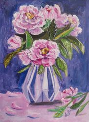 Peonies in a vase oil painting miniature 5x7inch/ flowers oil painting impasto technique