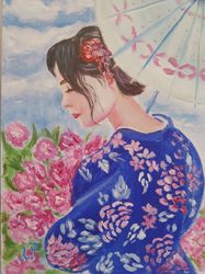 Japanese girl in the garden, oil painting miniature 5x7inch (13x18cm)