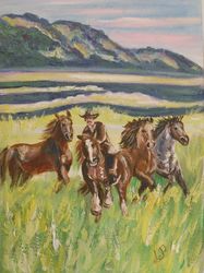 Cowboy in american prairies, Oil painting miniature 5x7inch 13x18cm