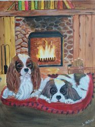 Dear couple- two dogs by the fireplace /Cavalier King Charles Spaniel/ Acrylic painting