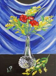 Bouquet of carnations and mimosa oil painting miniature