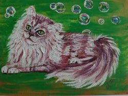 Persian Cat and Soap Bubble- Oil Painting Miniature 7x5inch/ 13x18cm, Impasto Animal Portrait.