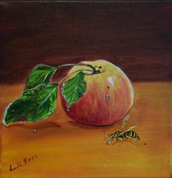 Apple and a wasp, acrylic painting miniature on stretched canvas 8x8inch