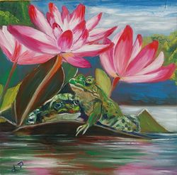 Frogs under the Lotus flower. Oil painting