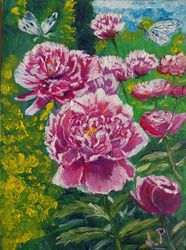 Peonies and butterflies oil painting 5x7inch
