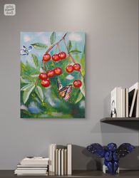 Juicy cherries and butterflies acrylic painting 7x9.5inch