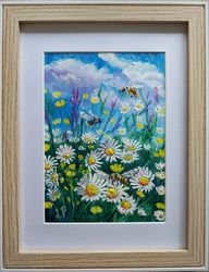Bees in the flower field oil painting miniature with a frame 21x27cm