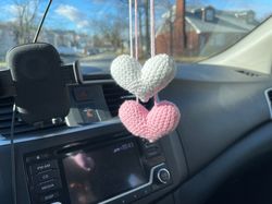 Set Of 2 Crochet Heart Car Accessory, Love Heart Car Crochet, Hanging Rear View Mirror