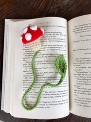 Mushroom Crochet Bookmark, Plush Red Spotted Cottage Mushroom Crochet, Mushroom and Leaf Bookmark