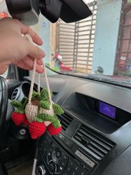 Crochet Strawberry Plant, Crochet Plant Car Hanging, Car Accessories, Car Mirror Hanging Accessories