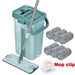 Flat Squeeze Mop with Bucket Hand Free Wringing Floor Cleaning Mop Microfiber Mop Pads Wet or Dry Usage on Hardwood
