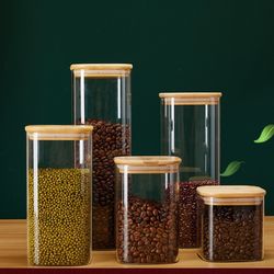 Square Glass Storage Jars With Bamboo Lid For Coffee Beans Grains Noodles Food Storage Containers Kitchen Organizers