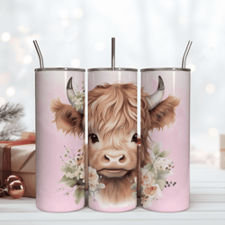baby pink highland cow flower 20oz skinny tumbler png_1