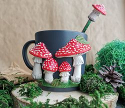 Mushroom mug with red amanita family, handcrafted cottagecore camping tea cup