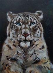 Snow leopard blue eyes wild cat painting on canvas
