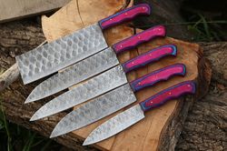 Handmade Damascus Steel Kitchen Knife Set Of 5 PCS Multi Color Dollar Handle Chef Knife With Leather Roll Kit