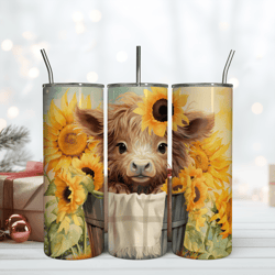 sunflower and highland cow tumbler wrap 20oz skinny tumbler wrap png