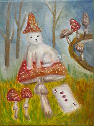 Mushroom Fly Agari Oil Painting Original Art Alice in Wonderland