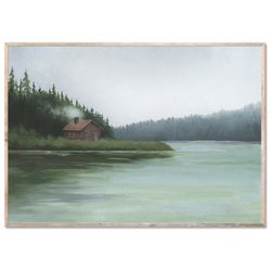 forest cabin art print forest lake oil painting farmhouse wall decor emerald lake art pine trees landscape forestprint
