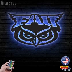 Florida Atlantic Owls Metal Sign, NCAA Logo Metal Led Wall Sign, NCAA Wall decor, Florida Atlantic LED Metal Wall Art