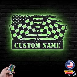 Custom Race Flags Metal Sign, Personalized Racing Car Metal Led Wall Sign, Wall decor, Decoration Gift For Family
